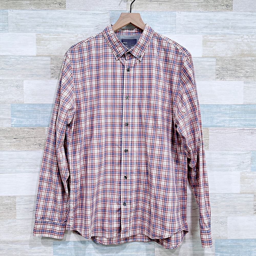 Vince Poplin Plaid Long Sleeve Shirt Red Blue Preppy Cotton Casual Mens Large